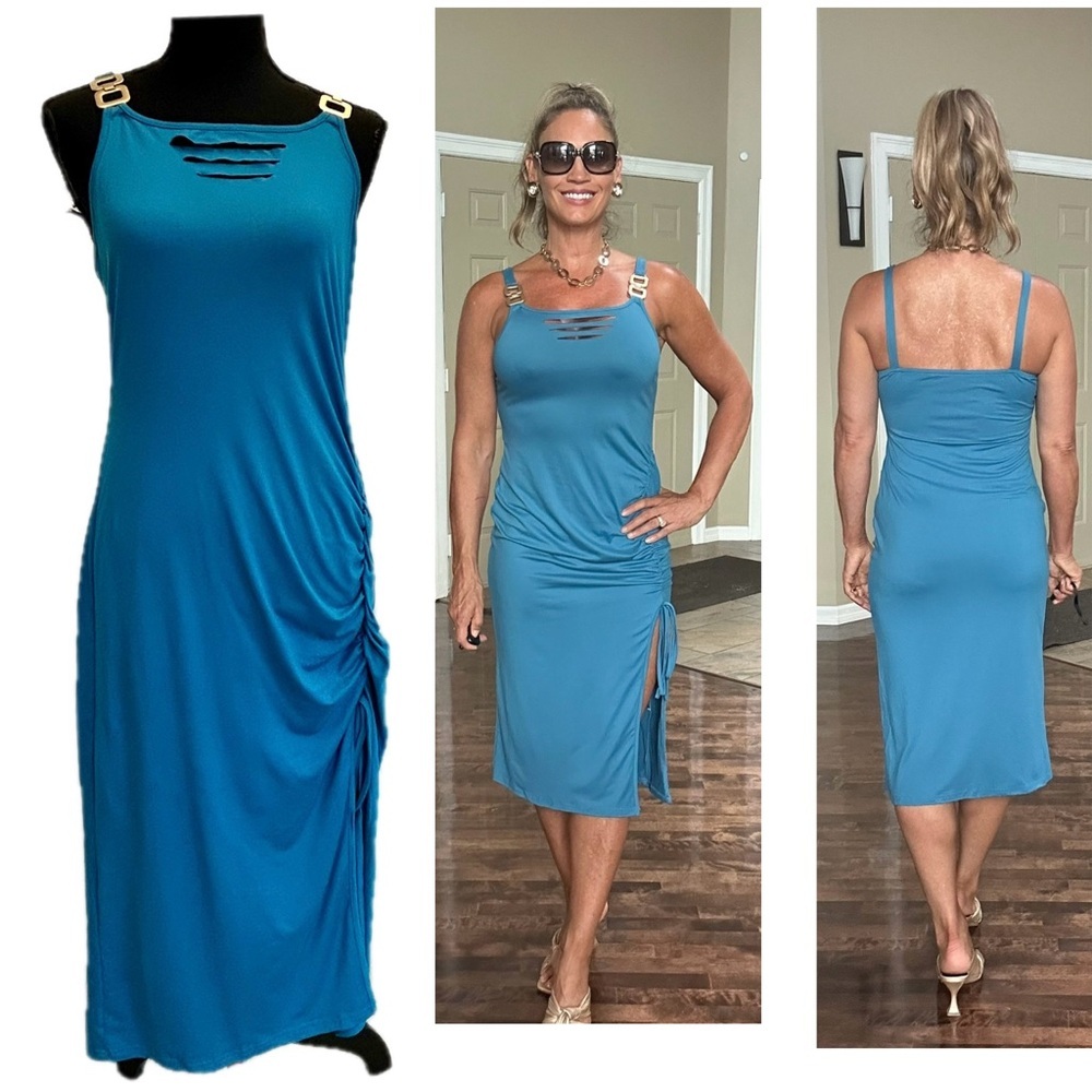 Forever 21 blue sleeveless cut-out hardware strap drawstring slit midi dress L
